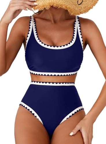 Herseas Womens Bikini Sets Shell Stitch Swimsuits 2026 Summer High Waisted Double DD Stretchy Athletic Modest Bathing Suits Blue Beach Vacation Essentails X-Large - Image 1