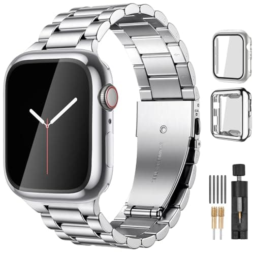 Lerobo Compatible for Apple Watch Band 41mm 40mm 38mm 44mm 42mm 45mm 49mm,Stainless Steel Metal Band for Apple with 2 Pack Protective Case for Series 9 8/7/6/5/4/3/2/1/SE/Ultra/Ultra2 Men Women Sliver