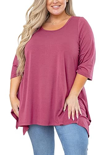 AusLook Plus Size Shirts for Women 3/4 Sleeve Christmas Purple Red 1X Blouses Crewneck Clothes Tunic Flowy Clothing Loose Fit Babydoll Summer Fall Winter Maternity Tops Wear with Leggings - Image 1