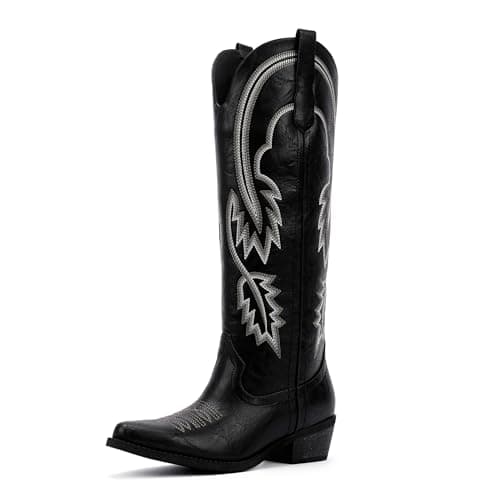 QIY Cowgirl Boots Women Embroidered Black Cowboy Boots for Women Nashville Black Pointed Toe Block Heel Knee High Western Cow Girl Boot Size 6.5 - Image 1