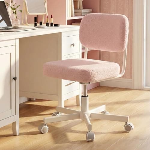 VATROS Vanity Chair with Wheels, Cute Armless Desk Chair with Back, Height Adjustable Swivel Small Office Chair, Comfy Velvet Computer Task Chair for Bedroom, Study, Dressing Room Pink - Image 1