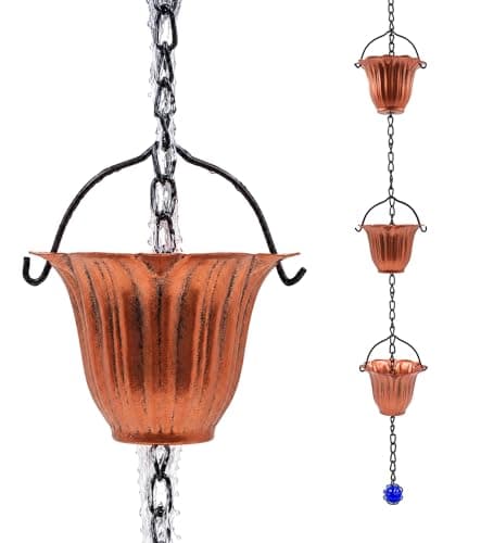 gronhof Copper Rain Chain for Gutters, 12 Cup Tulip Decorative Water Feature, 8FT 8IN Adjustable Metal Chain Rain Diverter for Outdoor Garden Décor with Crystal Accent - Image 1