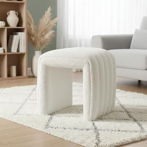 SEYNAR Modern Boucle Upholstered Ottoman,Small Accent Footrest Bench,Upholstered Cube Seat for Bedroom,Living Room,Entryway(White)