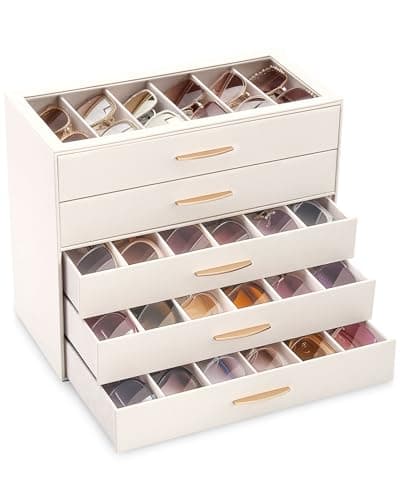 Lolalet 30 Slots Sunglasses Organizer Case for Women, 5-Layer Eyeglass Storage Holder Display Box with Clear Top Lid, Mothers Day Gifts -Cream - Image 1