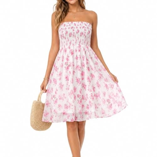OSCROBIE Tube Top Dress Women Summer Beach Coverup Stretch Smocked Strapless Dress Pink - Image 1
