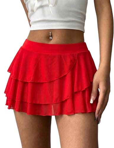 Avidlove Red Mini Skirt for Women Mesh Flowy Hem Y2K Skirts Multi-Layer Ruffle Trim Lingerie Skort Honeymoon Outfits - Image 1