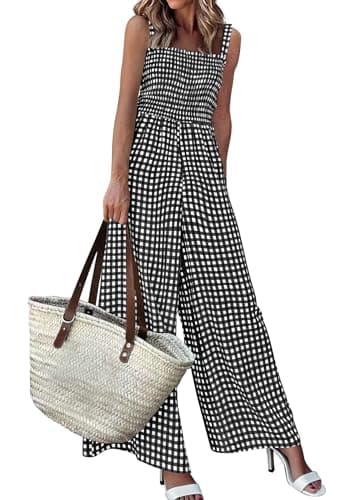PRETTYGARDEN One Piece Jumpsuits for Women Casual Summer Cruise Outfits 2026 Spring Fashion Smocked Wide Leg Gingham Rompers (Black,Small) - Image 1