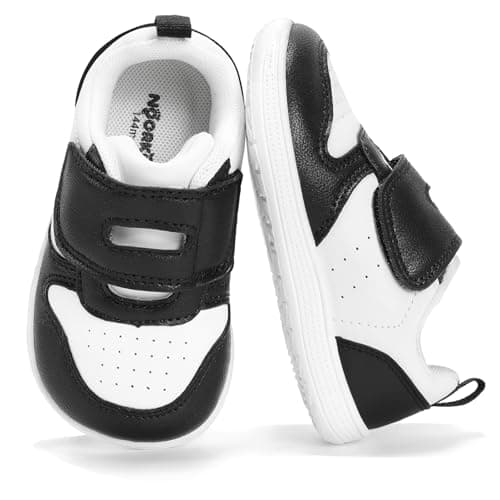 noorkiz Toddler Boy Shoes Wide Toe Box Barefoot Shoe Zero Drop Boys Sneakers for Wide Feet High Instep with Hook and Loop Lightweight Non Slip Comfortable Walking Running Outdoor Activities Black White Infant Size 4