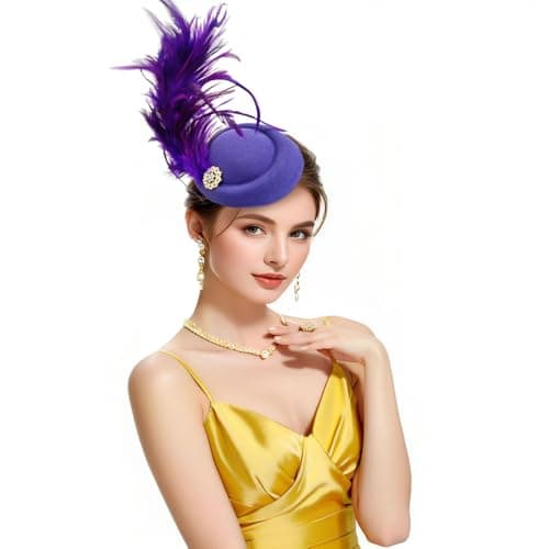 RiJinDuoJin Fascinators Hat Feathers Headband and Clip 20s 50s Pillbox Hats Cocktail Tea Party Headwear - Handmade Derby Hair Clip Feathers Fascinators for Girls and Women - Purple - Image 1