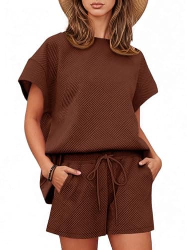 Tankaneo Womens Loungewear Set Short Sleeve Tops and Shorts 2 Piece Outfits Matching Lounge Pajama Set with Pockets Coffee - Image 1