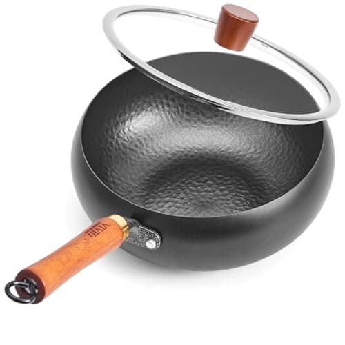 VIVIDCOOKWARE 9.4 Inch Carbon Steel Wok with Glass Lid, Big Belly Flat Bottom Stir Fry Pan, Coating-Free Compact Wok Pan for Gas, Electric, Ceramic & Induction, 3.4 QT for 1–3 Servings