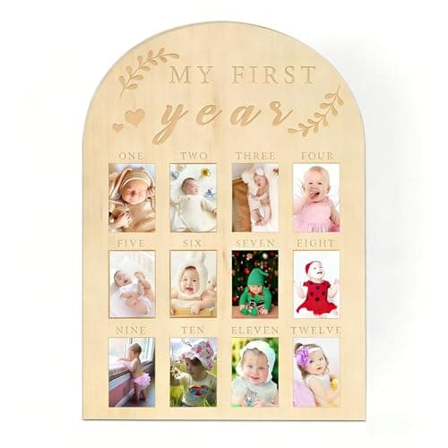 DegoCython Baby First Year Photo Board, Natural Wood, 16x12 Inches, Monthly Photo Display, Modern Farmhouse Style, Arch Shape, Tabletop Frame, Baby Photo Display, 12 Photo Slots - Image 1