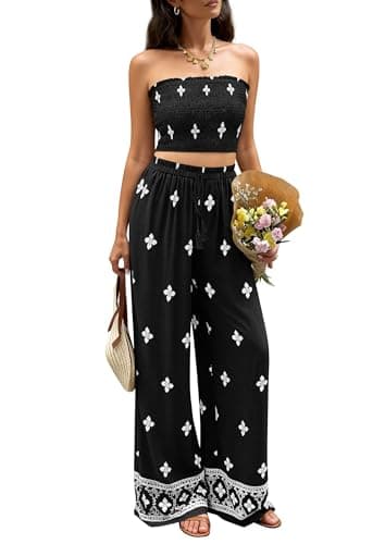 PRETTYGARDEN 2 Piece Sets for Women Summer 2026 Fashion Clothing Boho Tube Tops Wide Leg Pants Cruise Beach Vacation Outfits (Black,XX-Large) - Image 1