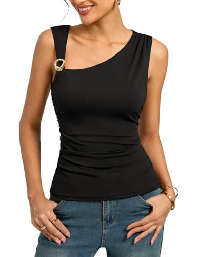 Kate Kasin Women's Black Ruched Going Out Tank Top, Sleeveless Asymmetrical Tops, Y2K Concert Vacation Outfits for Summer - Image 1