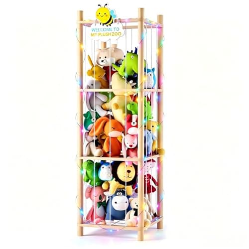 Hsenowi Stuffed Animal Storage Zoo Organizer Natural Pine Plushies Storage with Elastic Bands Vertical Wood Toy Holder Mesh Net Space Saving Design for Playroom Nursery Kids Bedroom - Image 1