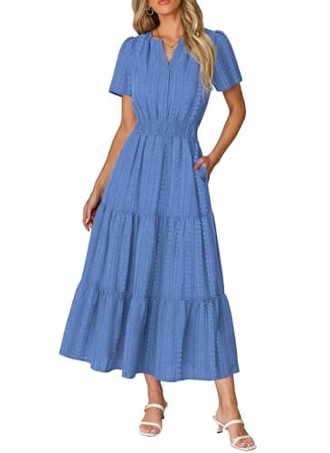 RUMIA Midi Dress with Pockets for Women V Neck Short Sleeve Summer Casual Maxi Dresses BlueGray M - Image 1