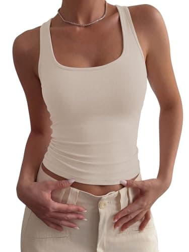 PINKMSTYLE Scoop Neck Double Lined Tank Top for Women Wide Strap Basic Sleeveless Summer Tops Slim Fit Workout Outfits Beige XX-Large - Image 1