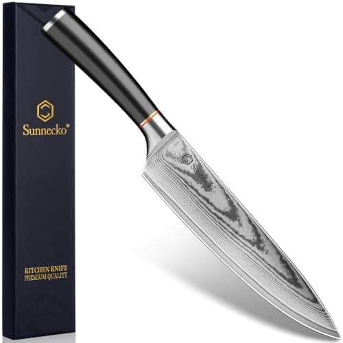 Sunnecko 8 Inch Chef Knife, Japanese Damascus VG10 Professional Kitchen Blade for Meat Vegetable Slicing, Ultra Sharp Cooking Tool with Manual Sharpener & Gift Box Packaging, Multi-purpose Chefs Knife - Image 1