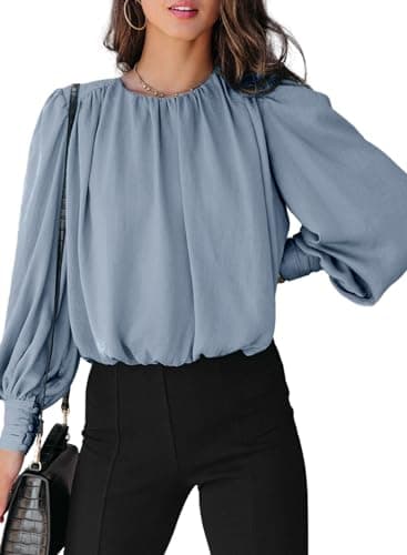Dokotoo Womens Ladies Spring Long Sleeve Tunic Tops and Blouses for Women 2026 Summer Fashion Crewneck Padded Shoulder Casual Loose Fitting Trendy Dressy Work Shirts Blue X-Large - Image 1