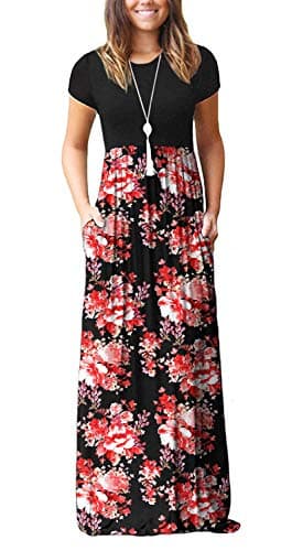 DEARCASE Women Long Dress Flower Red Black Large Crewneck Boho Short Sleeve Maxi A-line Loose Casual Hawaiian Flowy Party Vintage Spring Summer Beach Dresses with Pockets - Image 1