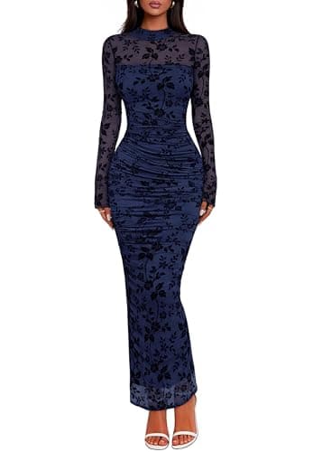 Lazysmile Women's Long Sleeve Floral Bodycon Maxi Dress 2026 Elegant Ruched Mesh Formal Cocktail Party Wedding Guest Dresses Navy - Image 1