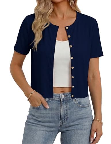Gleeneat Short Sleeve Button Down Up Cardigan Sweaters for Women Ribbed Going Out Cropped Tops Cute Summer Trendy Lightweight Cardigans Shirts Bolero Shrug for Dress 2026 Clothes Clothing Outfits - Image 1