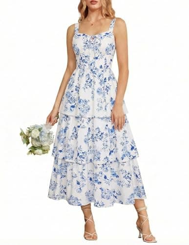 Summer Dresses for Women 2026 Wedding Guest Floral Dress Ruffle Cottagecore Maxi Corset Dress Blue Rose Size 8 - Image 1