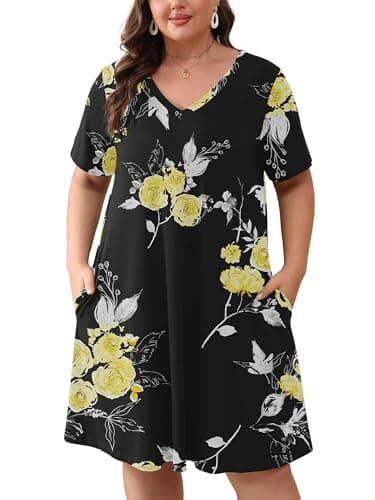 AusLook Plus Size Midi Dress for Women Black Golden Floral 2X Short Sleeve Loose V Neck Summer Casual A Line Knee Length Work Outfit T Shirt 2026 Sundresses with Pockets - Image 1