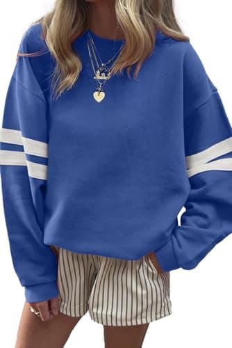 KevaMolly Women Varsity Striped Drop Shoulder Sweatshirt Sky Blue L - Image 1