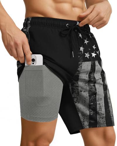 9 Inch 9in Men Swim Trunks Compression Liner Quick Dry Pocket Lined Inseam American Flag 4th July Red White Blue USA Patriotic Male Swimwear Swimsuit Swimtrunks Boardshorts Bathing Suit Beach Short - Image 1