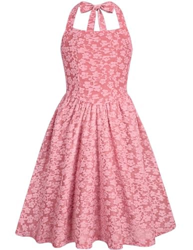 5t Dresses for Girls Little Kids Elegant Floral Halter Shorts Dresses Casual Summer Fall Graduation Homecoming Prom Dress Dusty Rose Size 5-6 - Image 1