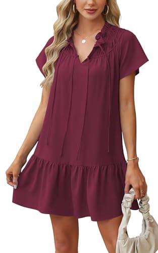 Angashion Womens Summer Mini Dress Short Sleeves V Neck Dresses Ruffle Casual Tie Sundress with Pockets Wine Red Small - Image 1
