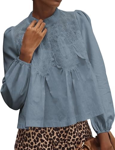 Lentta Women's Lace-Detail Flared Blouse Long Sleeve Crew Neck Poplin Mesh Swing Babydoll Tops Elegant Loose Shirts(Bluegrey-M) - Image 1