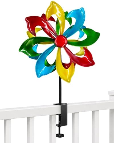 OUISJYER Deck Mounted Colorful Wind Spinner for Balcony & Deck Railings, 13" Double-Blade Clamp-On Kinetic Metal Wind Spinner Outdoor Decor with Heavy Duty Adjustable Clamp for Fence Patio Porch