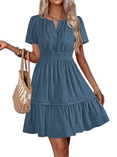 BTFBM Summer Dresses for Women 2026 Casual Boho Sundress Short Sleeve V Neck Ruffle A Line Beach Vacation Mini Dress(Grey Blue, Small) - Image 1