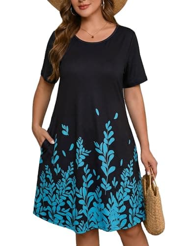 AusLook Plus Size Floral Midi Dress for Women Casual Summer Short Sleeve A Line Swing 2X Dress with Pockets Round Neck Flowy Knee Length T Shirt Vacation Beach Sundress - Image 1