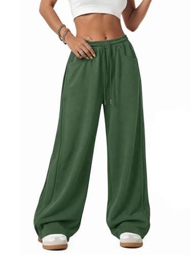 ATHMILE Women's Baggy Wide Leg Pants Casual Drawstring Elastic Waisted Parachute Pants Workout Y2K Track Pants Green - Image 1