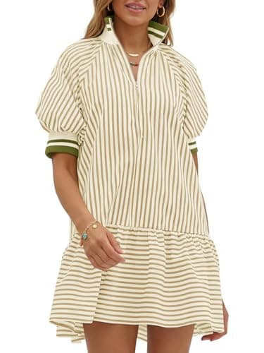 Wenrine Women Short Puff Sleeve Dress Striped Half Zip V Neck Collar Summer Casual Color Block Sweatshirt Babydoll Dresses Khaki - Image 1