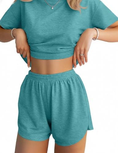 JUSTFASHIONNOW Womens Summer Pajama Sets Short Sleeve Pajamas for Women Split Short Sets Soft Two Piece Outfits Lounge Sets Casual Crew Neck Sleepwear Pjs Turquoise M - Image 1