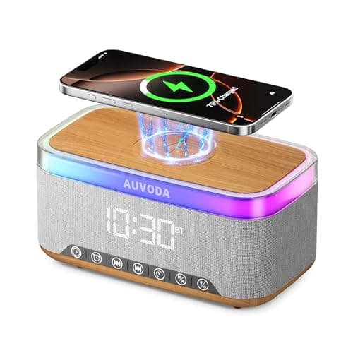 AUVODA S300 16W Stereo Bluetooth Speaker with 15W Fast Wireless Charging, 13-Color Night Light, Alarm, White Noise, FM Radio, Portable, TWS, BT5.3, for PC, Smartphone, Home, Office & Bedroom (Wood) - Image 1