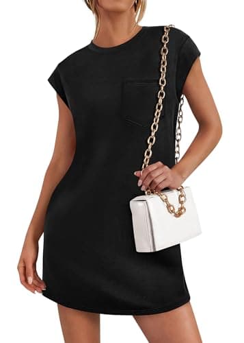 KIRUNDO Summer Dresses for Women 2026 Cap Sleeve Tshirt Dress Spring Mini Shift Sundress Loose Beach Outfits with Pockets(Black, Large) - Image 1