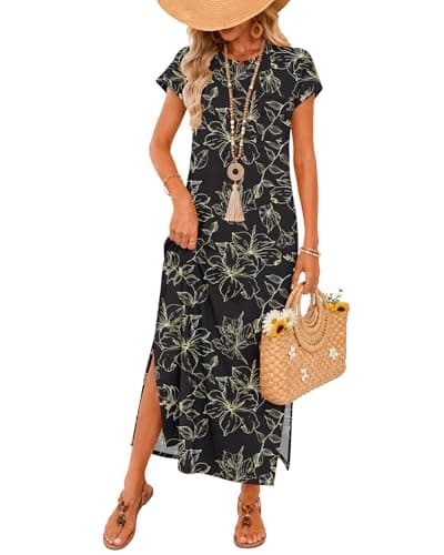 AUSELILY Sundresses for Women Wrinkle Free Casual Travel Crew Neck Split Short Sleeve Loose Long Maxi Dress with Pockets 2026 Black Gold Leaf S - Image 1