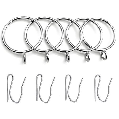 Curtain Rings with Eyelets, Metal Curtain Hooks for Drapes, Drape Ring 1.5 in Inner Diameter Fits Up to 1 1/4 inch Curtain Rod, 1.2 in Drapery Pins (22Pcs Silver Curtain Rings and 30Pcs Silver Hooks) - Image 1