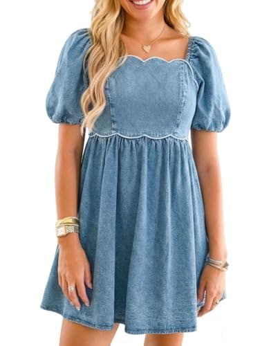 POLIRO Denim Dress Babydoll Jean Square Neck Puff Sleeve Casual Country Concert Dresses with Pockets for Women 2026 Cowgirl Music Festival Plus Light Blue Size X-Large Size 16 18 - Image 1