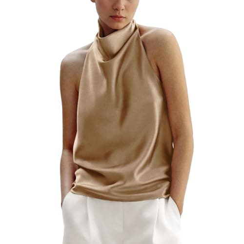 Maohao Women's Silk Satin Tank Tops Halter Draped Front Sexy Backless Womens Summer Tops Elegant Camisole Tops (Mid-Camel,M) - Image 1