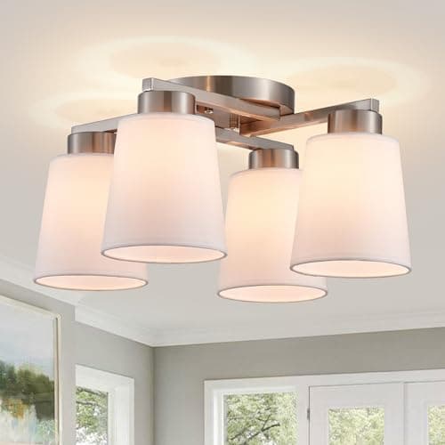 Majhoiw 4-Lights Brushed Nickel Ceiling Light with White Fabric Shade 18.1" Modern Chandelier Farmhouse Semi Flush Mount Ceiling Light Fixture for Kitchen Dining Room Entryway Foyer - Image 1