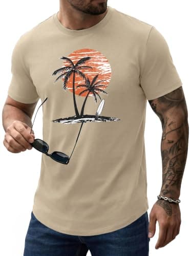 Comdecevis Mens Graphic T-Shirts Cotton Crew Neck Printed Tees Casual for Hawaiian Summer Beach Khaki L