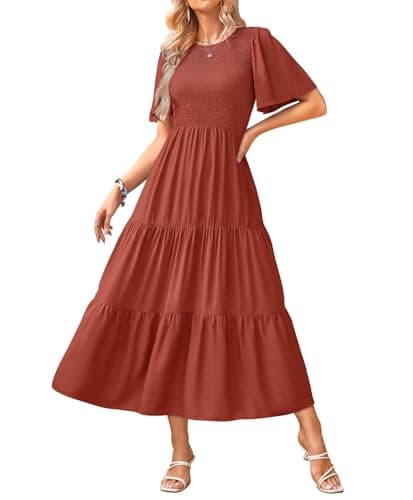 KIRUNDO Womens Dresses Casual Spring Summer Short Sleeve A Line Flowy Smocked Midi Blush Crew Neck Ruffle Tiered Beach Dress(Medium, Brick Red) - Image 1