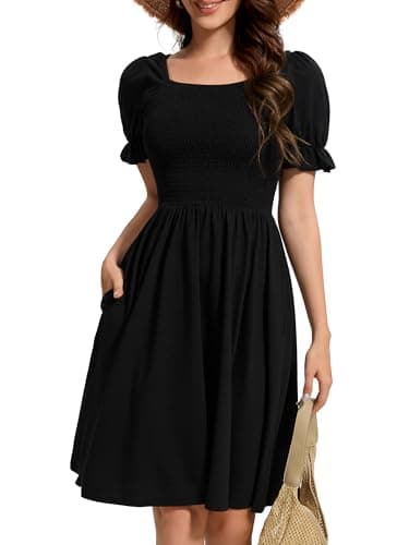 CVCPP Womens Summer Dress- Square Neck Puff Sleeve Smocked Ruffle Hem A-line Mini Short Dresses with Pockets Cd01-01-XL Black - Image 1