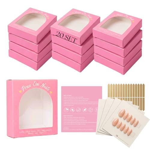 Press On Nails Packaging Boxes Bulk 20 Pack for Nail Tech & Small Business Vendor with 20 Instructions & Signature Cards 30 Adhensive Double Sided Tape 3.5"x3.2" PVC Window